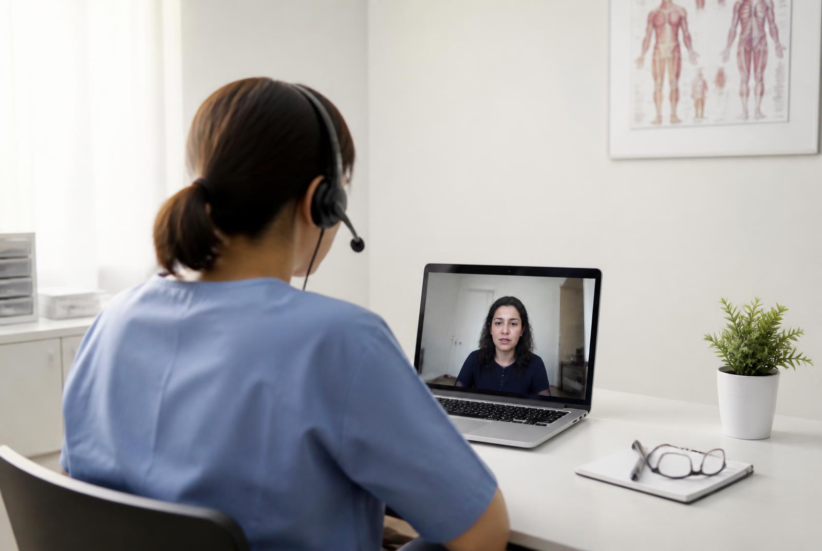 Profissional de saúde conduzindo uma consulta por vídeo com a paciente na tela