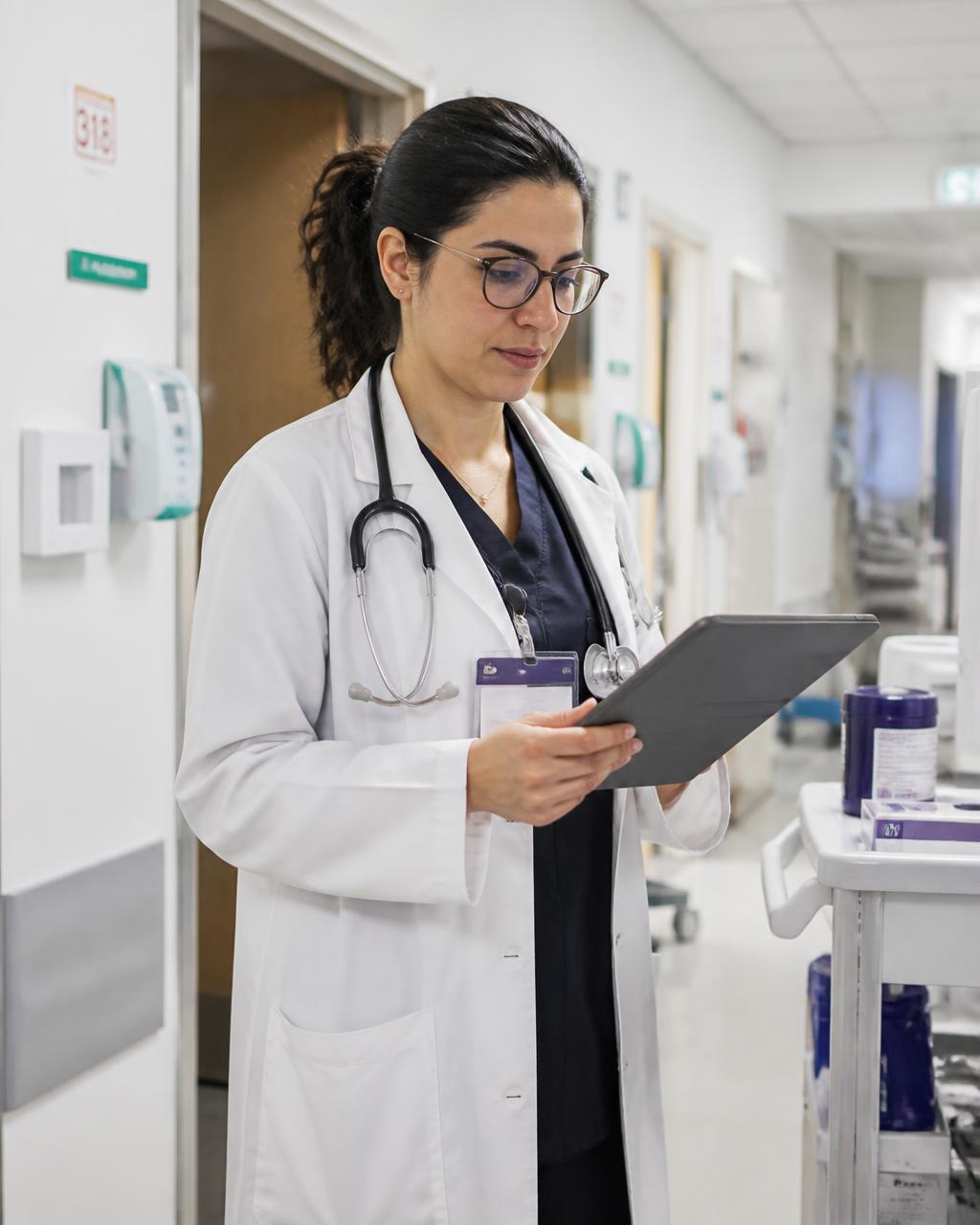 Profissional de saúde em turno consultando um tablet no corredor da unidade